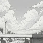 尔湾云机场品牌插画，铅笔线稿的城市与云